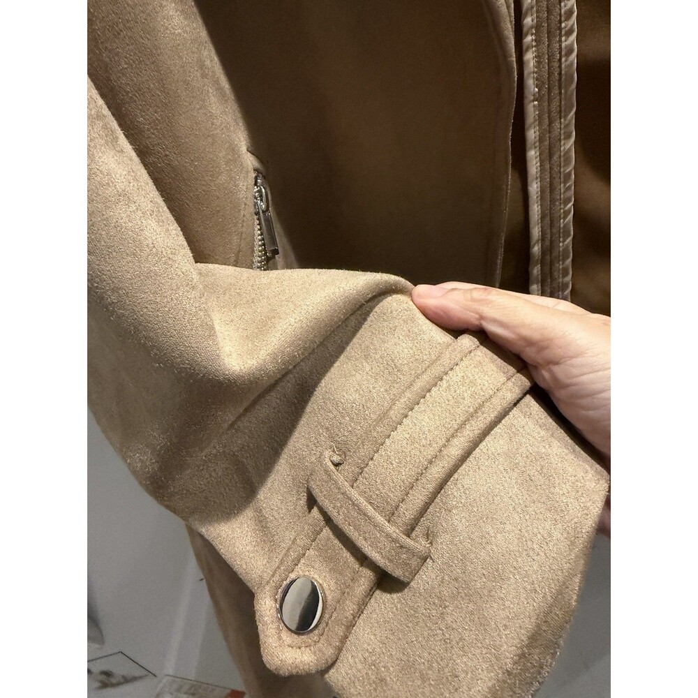 Magaschoni Open Front Faux Suede Leather Coat Jacket Stone Beige Size 12 - Picture 2 of 10